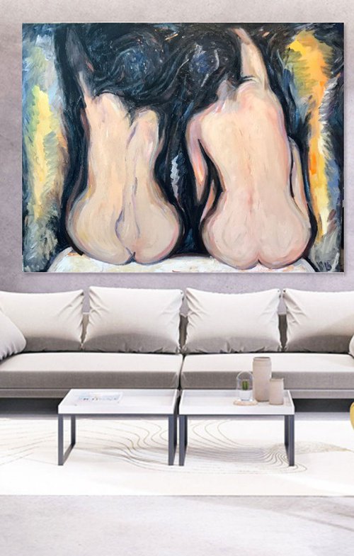 GOSSIP GIRLS - Gemini zodiac sign - nude art, large original painting, two nudes, erotic art by Karakhan