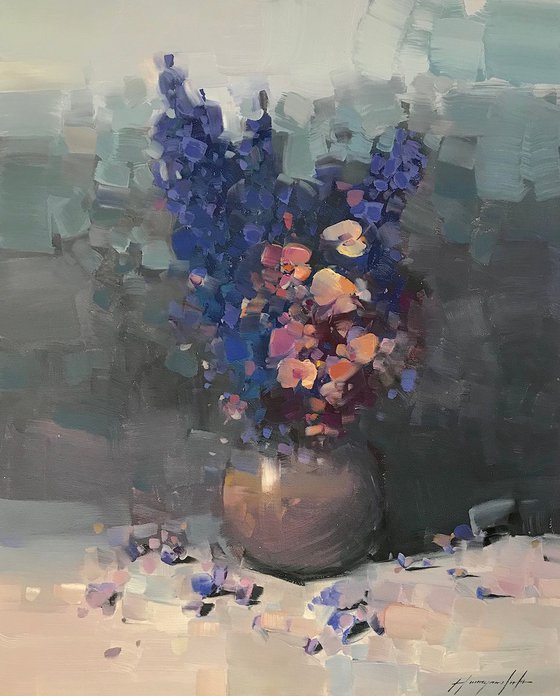 Vase of Blue Flowers, Oil painting, One of a kind, Handmade artwork