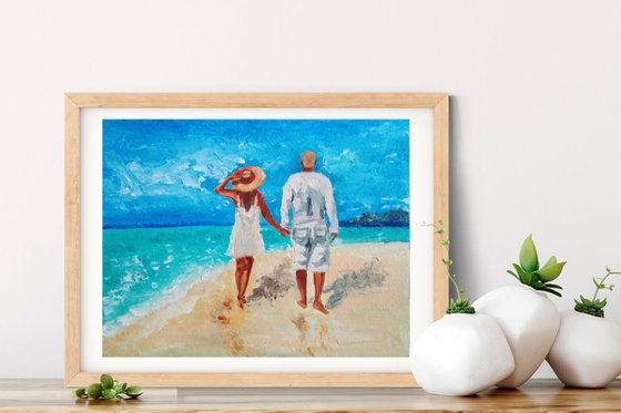 The stroll, Couple Romantic Painting Original Art Ocean Beach Wall Art