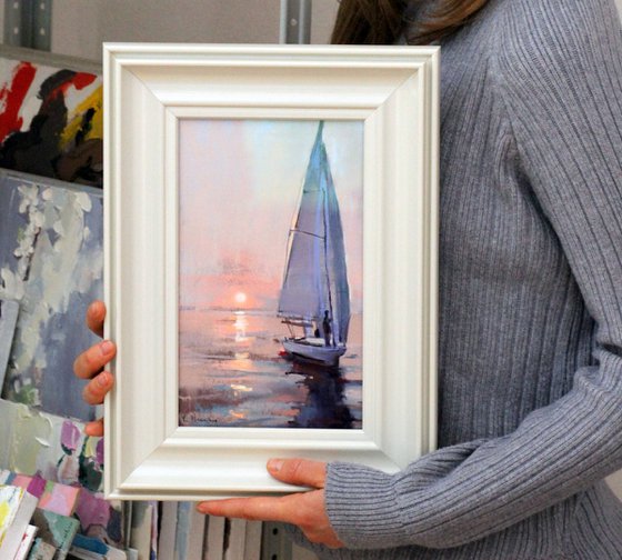 Seascape - Boat - Pink sunset - Pastel drawing