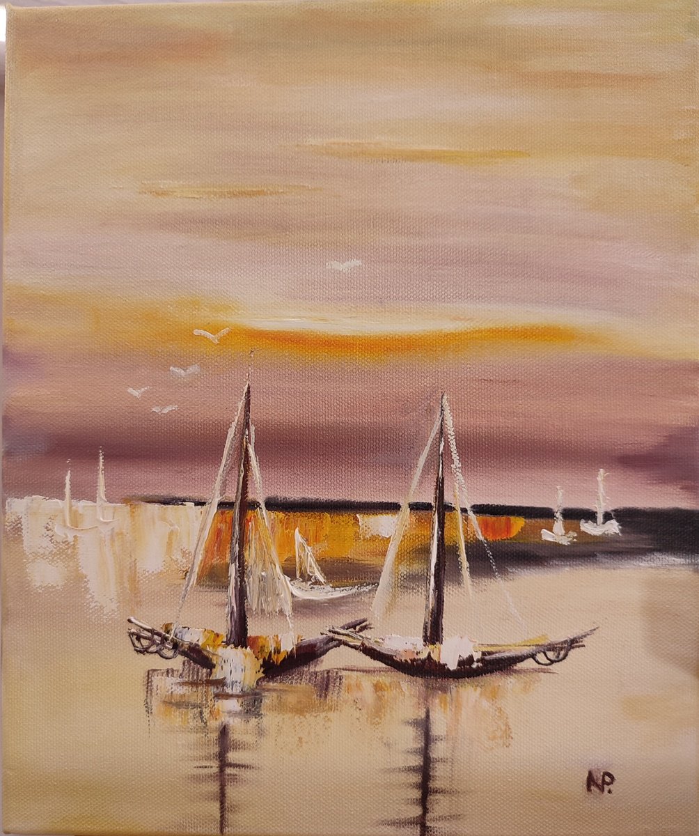 Impressionistic Landscape Oil Painting By Nataliia Plakhotnyk, 10 X 12", Boats At The Sunset, Original Artwork