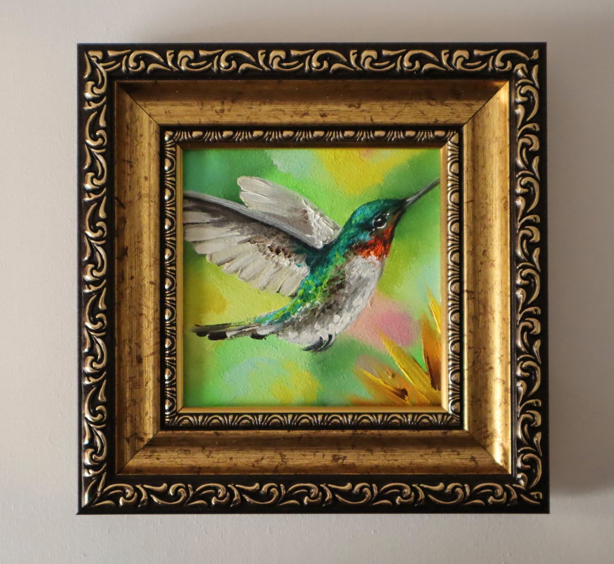 Original Painting of Hummingbird, Artwork framed 4x4 (10x10 cm), Backyard Birds Wall Art by Natalia Shaykina