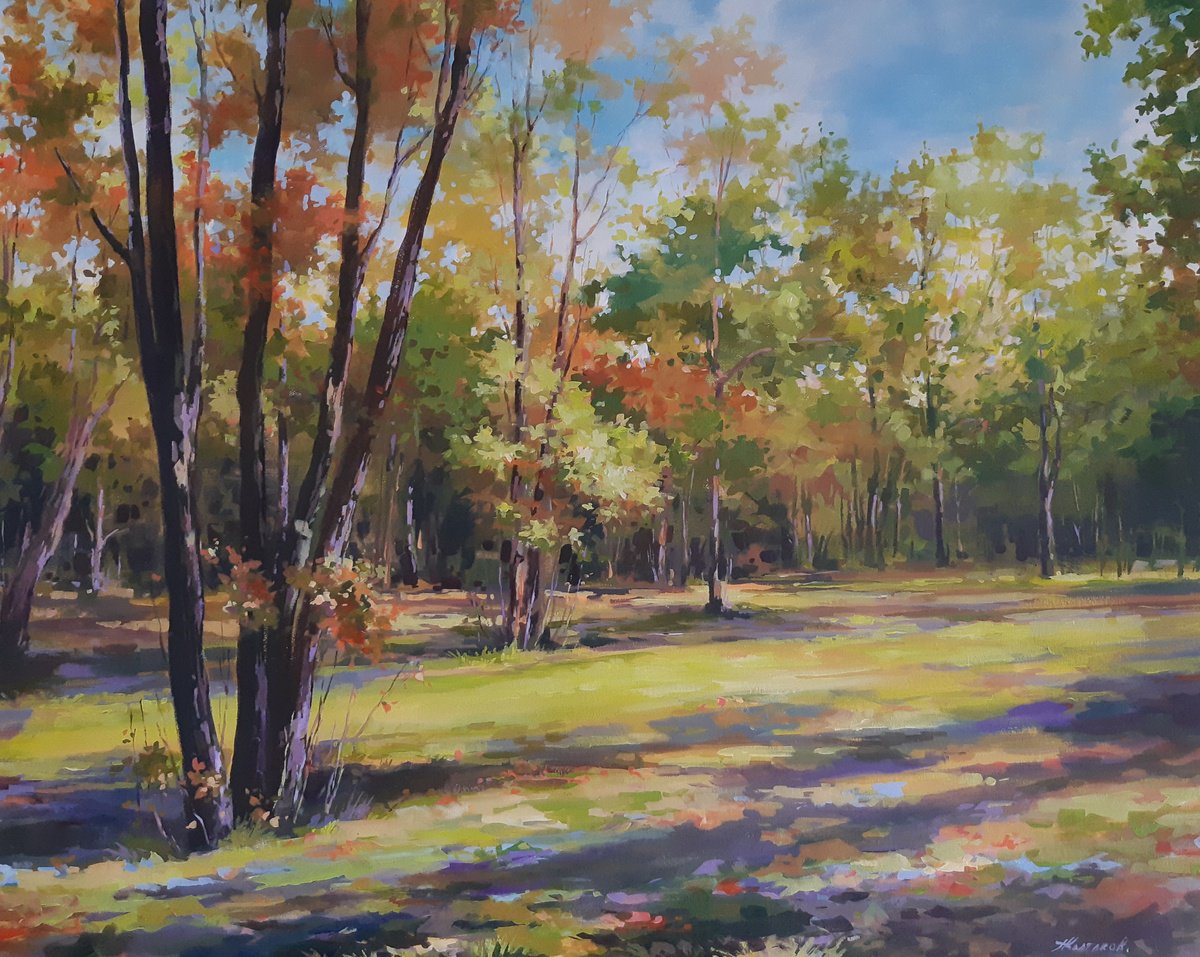 Impressionistic Landscape Acrylic Painting By Alexander Koltakov, 30 X 24, Autumnal Park, Original Artwork