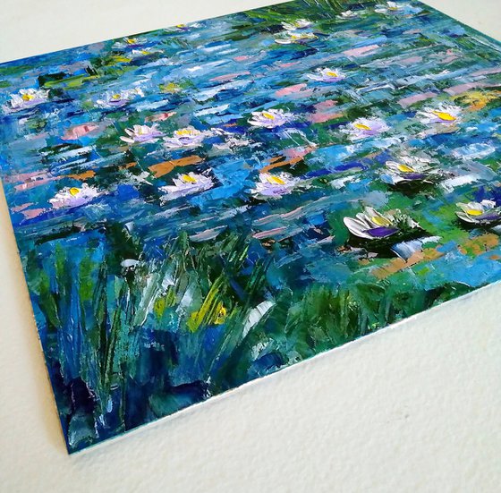 Water Lily Painting Original Art Monet Pond Landscape Artwork Impasto Floral Wall Art