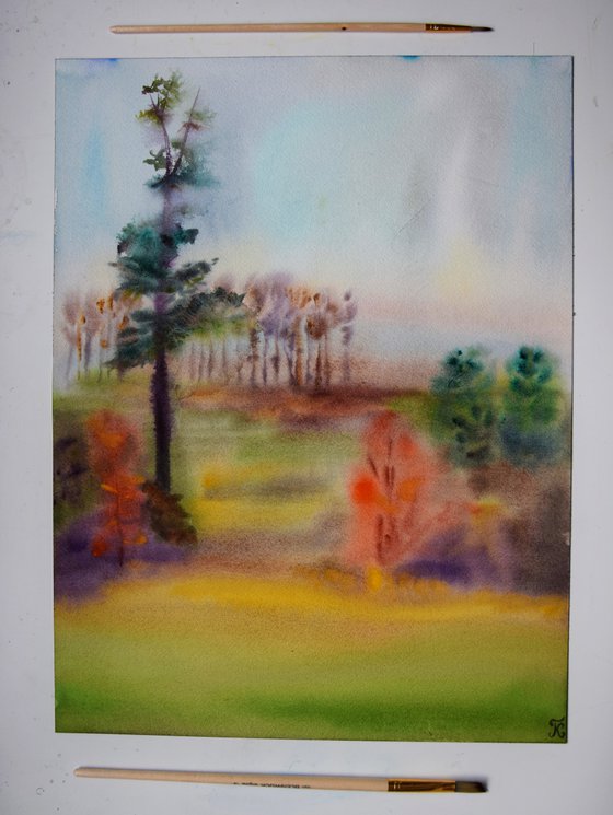 Fall Watercolor Painting, Autumn Forest Original Art, Trees Landscape Wall Art
