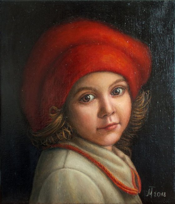 child portrait "Little Red Riding Hood", realistic painting, portrait on canvas