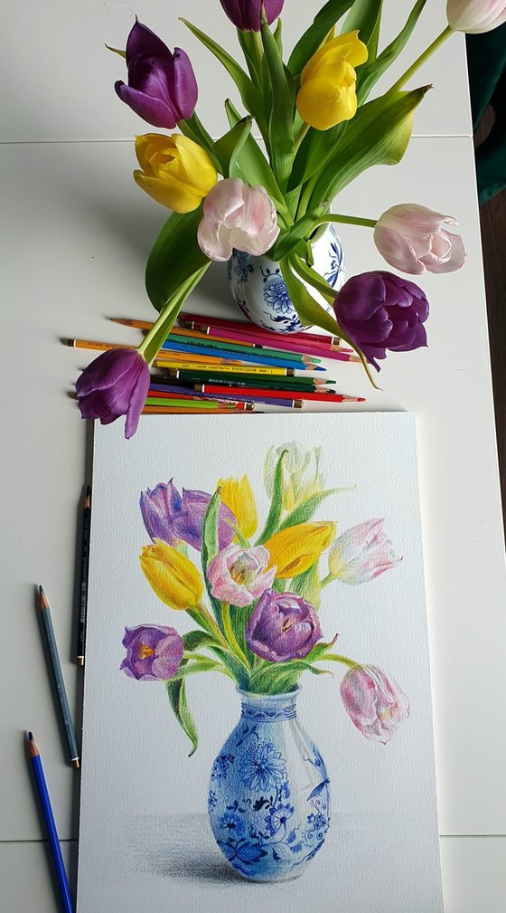 Realism yellow violet tulips in delft vase.