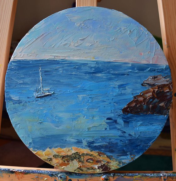 Round oil painting with palette knife Mediterranean Sea