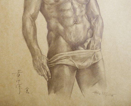original drawing pencil art male nude man on brown paper #16-6-3