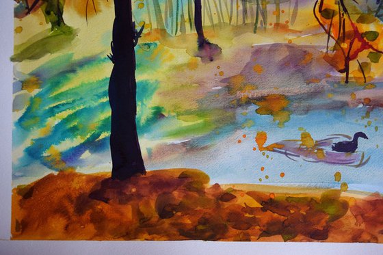 Big watercolor painting Autumn forest lake