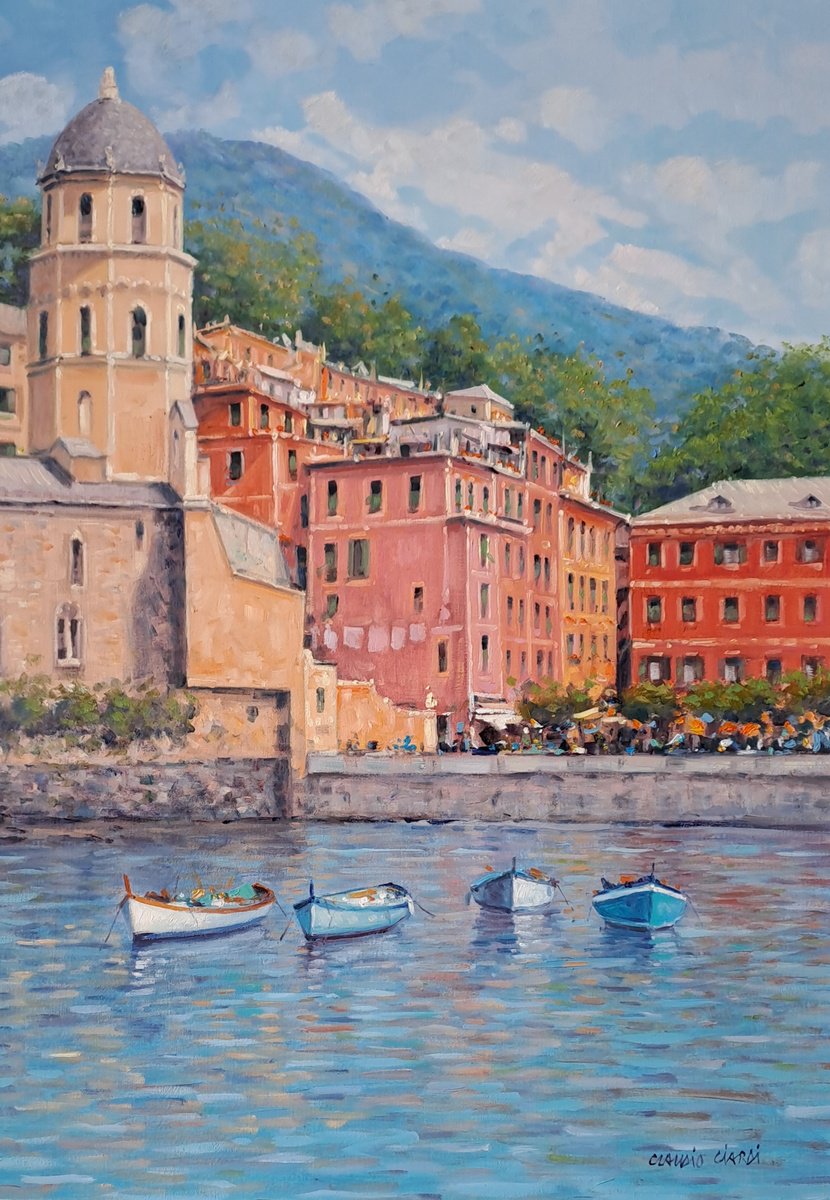 Impressionistic Cityscapes Oil Painting By Claudio Ciardi, 14 X 20, Cinque Terre Vernazza, Original Artwork