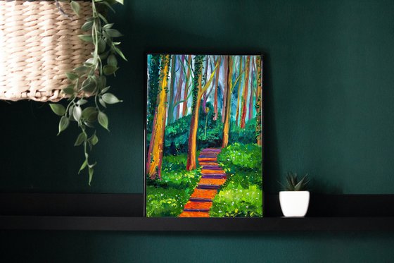 Forest Original Gouache Painting, Green Wall Art, Trees Artwork, Cottagecore Home Decor