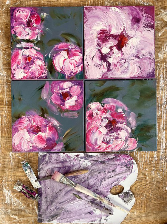 EXTRAVAGANZA - Peonies set. Colorful flowers. Lush buds. A riot of colors. Dance. Pink. Original.