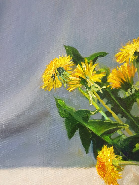 "Bouquet from a young gentleman. "  still life summer  dandelion   white liGHt original painting  GIFT (2021)