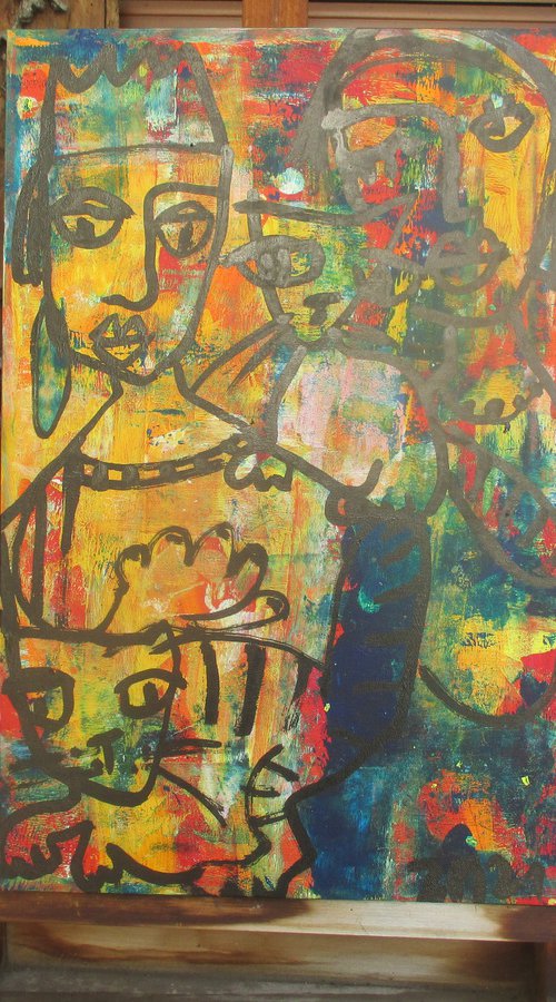 expressive queens, friends with cat, girl portrait 23,6 x 15,7 inch by Sonja Zeltner-Müller