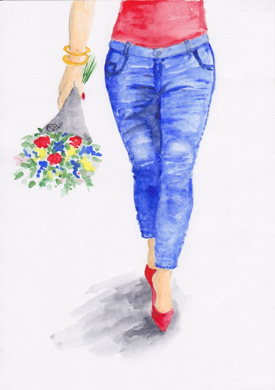 Girl in Jeans with red shoes and flowers