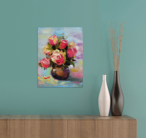 Roses Bouquet Floral Gift Still Life Blue Pink Green Flowers In Vase