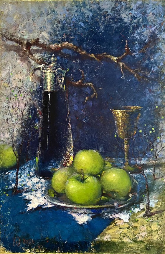 Cozy blue still life with apples