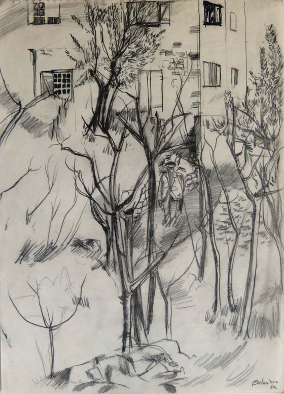 Paysage 69-1, vintage pencil drawing 29x21 cm