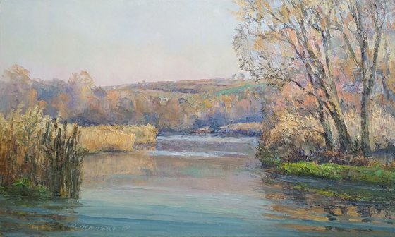 November silence / Fall landscape Autumn river Oil painting