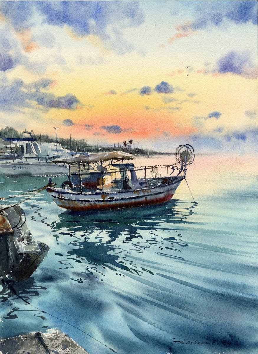 Impressionistic Landscape Watercolour By Eugenia Gorbacheva, 11 X 15, Boats On The Pier Sunset #3, Original Artwork