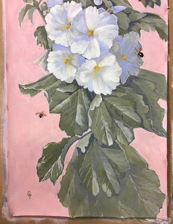 White Mallows with Bees and Butterfly Acrylic Painting on Canvas