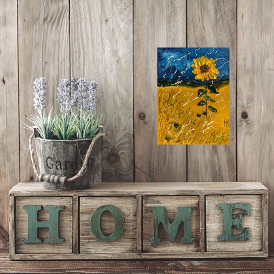 Sunflower Painting Floral Original Art Wheat Field Small Oil Impasto Flower Artwork Home Wall Art 6 by 8" by Halyna Kirichenko