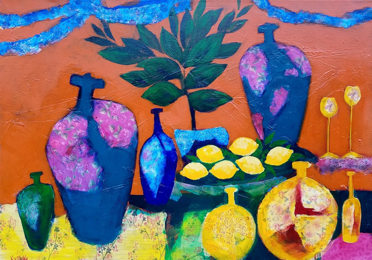 Impressionistic Still Life Painting By Kevin Blake, 28 X 20", Lemons And Wine, Original Artwork