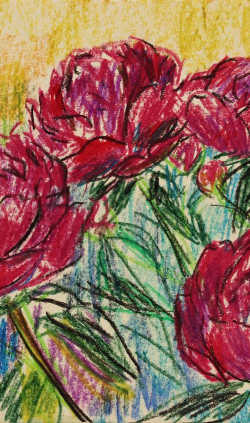 Peonies, 2017, oil pastel on paper, 21 x 29,7 cm by Alenka Koderman