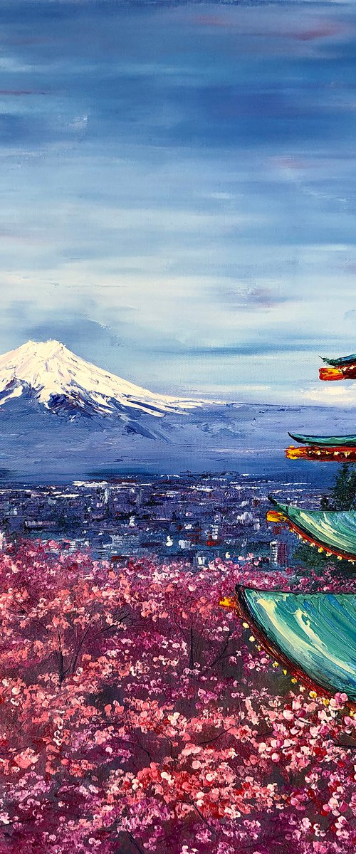 FUJIYAMA - Mountain. Japan. Temple. Culture. History. Sakura. Blooming gardens. Rosewood. Spring. Sky. by Marina Skromova