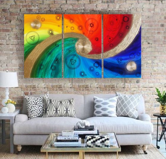 Rainbow Gold Large painting A297 100x180x2 cm set of 3 original acrylic paintings on stretched textured canvas