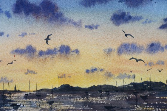 Sunset at the pier. Original watercolor artwork.