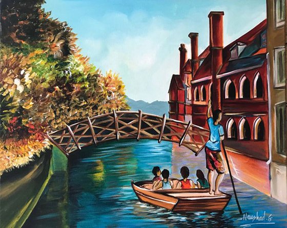 Original Acrylic painting on stretched Canvas. Scenery, Landscape, Mathematical Bridge, Cambridge, British Art
