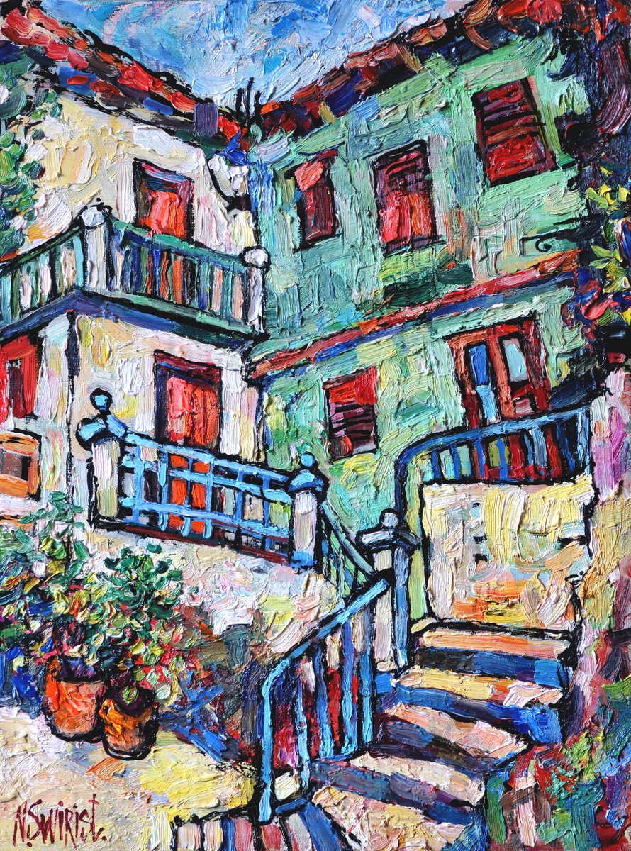 Impressionistic Cityscapes Oil Painting By Nikifor Swiristuhin, 12 X 16", The Stairs Of Cudillero, Original Artwork