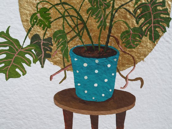 Plants lover's interior - original painting with gold potal on handmade paper