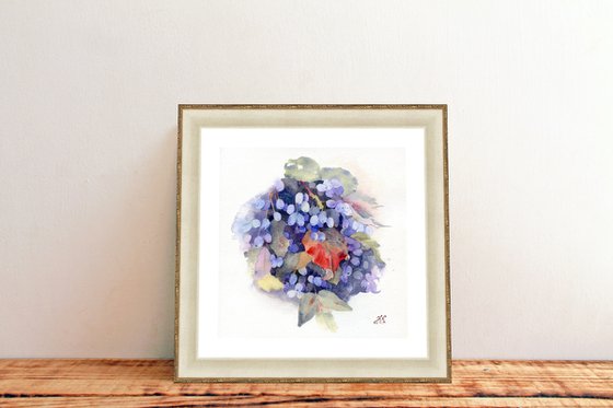 Berries in watercolor, art for kitchen of blue Magonia bush