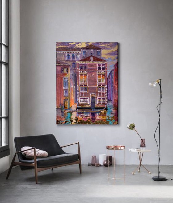 In the windows of Venice. Architecture and cityscape. Street of Venice. Venice oil painting. Big size