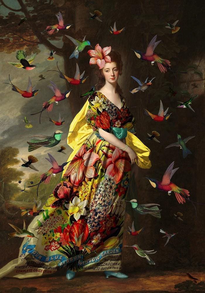 Surrealistic Portrait Giclee Print By Little Fish Design, 17 X 24", A Charm Of Hummingbirds, Original Artwork