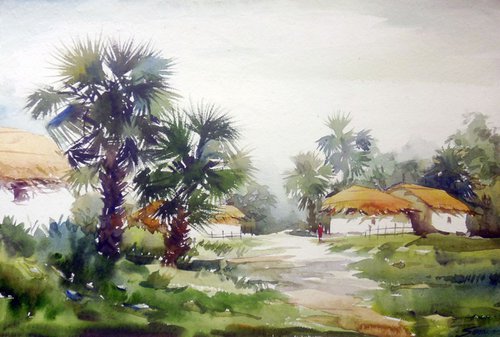 Rural Village & Palm Trees - Watercolor Painting by Samiran Sarkar