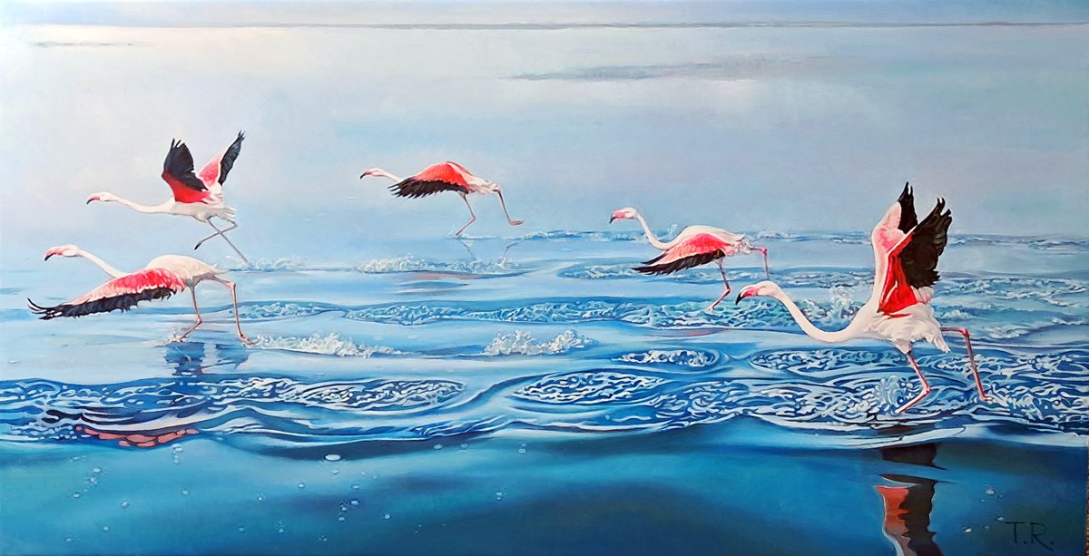 Wing-Surfers (Pink Flamingoes) By Tatiana Rezvaya, 39 X 20, Artwork For Sale On Artfinder