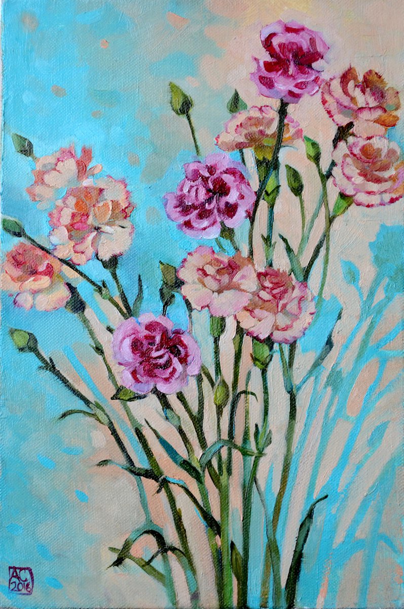 Small oil painting with pink flowers by Alexandra Sergeeva