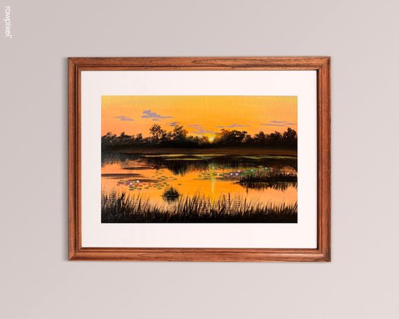 Water lily pond at sunset ! A4 Painting on paper