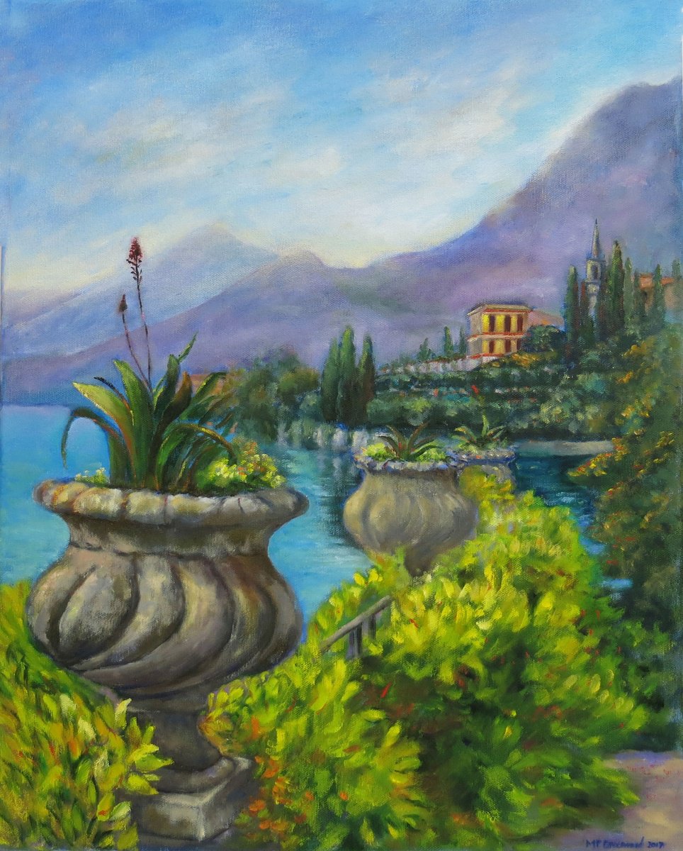 Impressionistic Landscape Oil Painting By Maureen Greenwood, 16 X 20", Varenna, Lake Como, Original Artwork