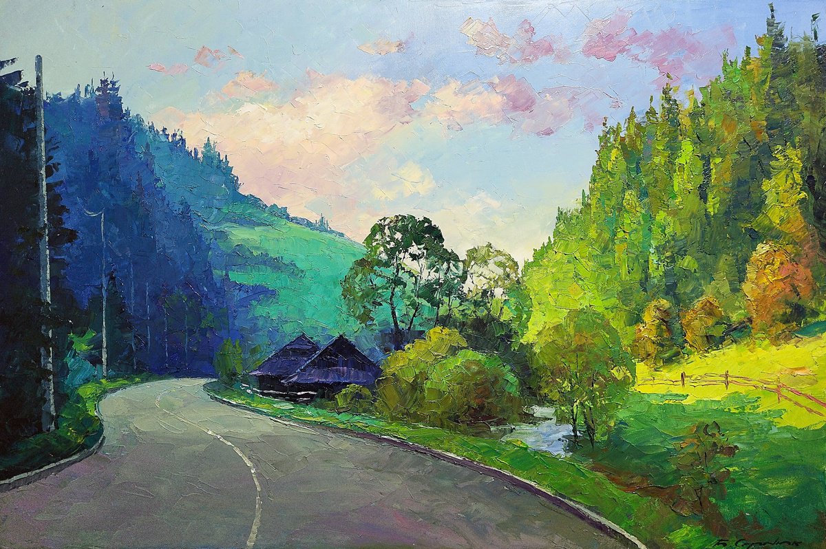 Impressionistic Landscape Oil Painting By Boris Serdyuk, 35 X 24, Carpathian Landscape, Original Artwork