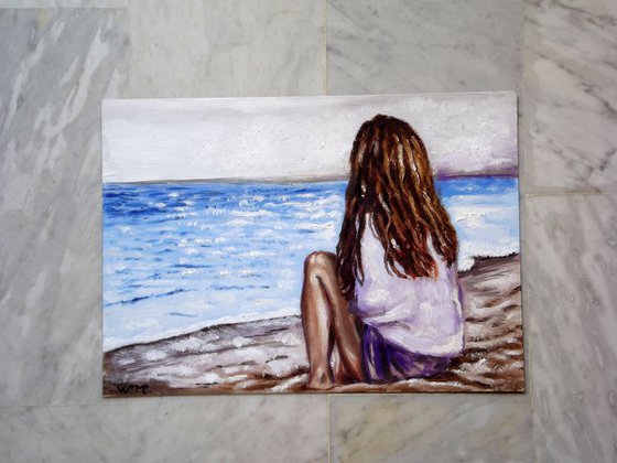 SEASIDE GIRL - REMEMBRANCE TIME - Thick oil painting - 42x29.5cm