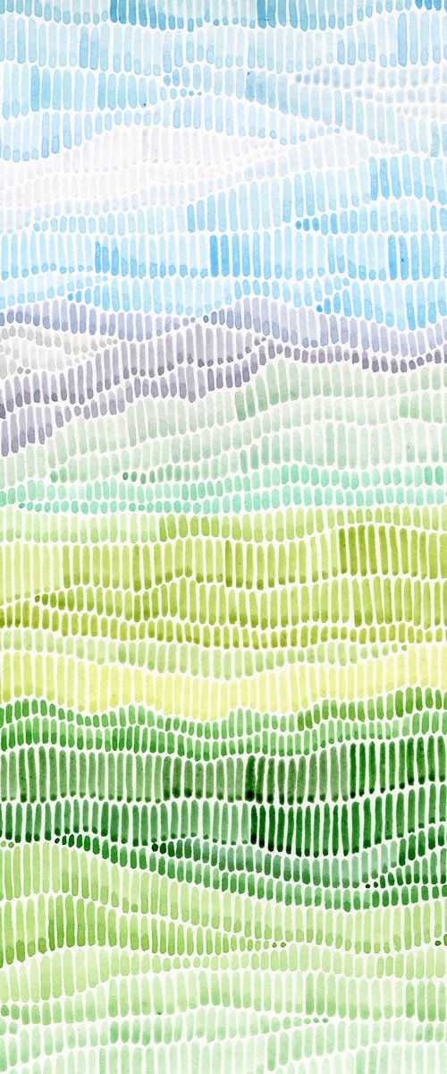 Original watercolor abstract landscape of green meadow by Liliya Rodnikova