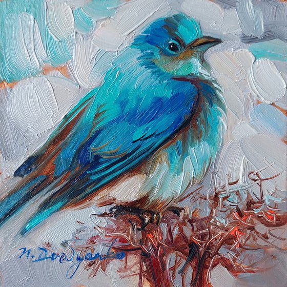 Bluebird Painting Original Framed 4x4, Bluebird Art Oil Illustration 