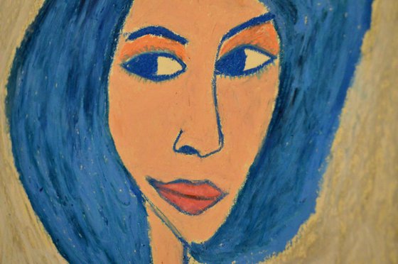 Tender woman with blue hair