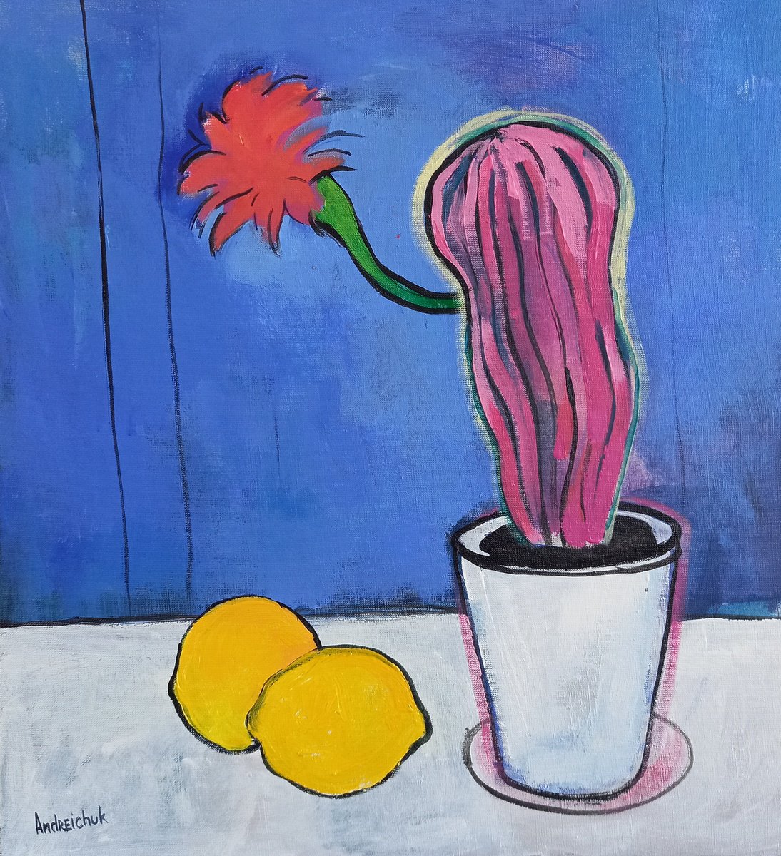 Pink Cactus With Flower And Lemons By Artem Andreichuk, 22 X 24, Artwork For Sale On Artfinder