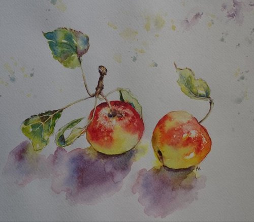 Two Autumn Apples - watercolor on paper by Michele Wallington